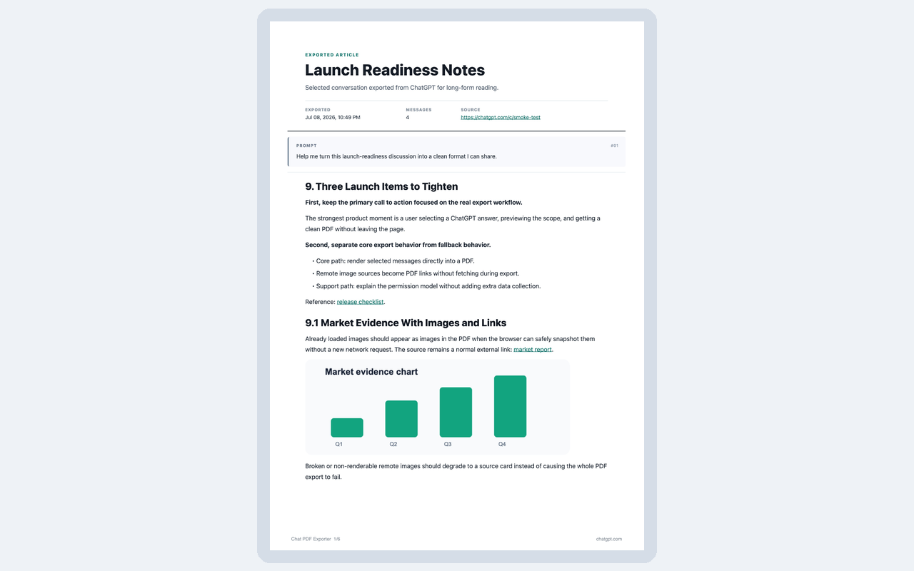 Generated PDF preview with headings, prompt, code block, and links.